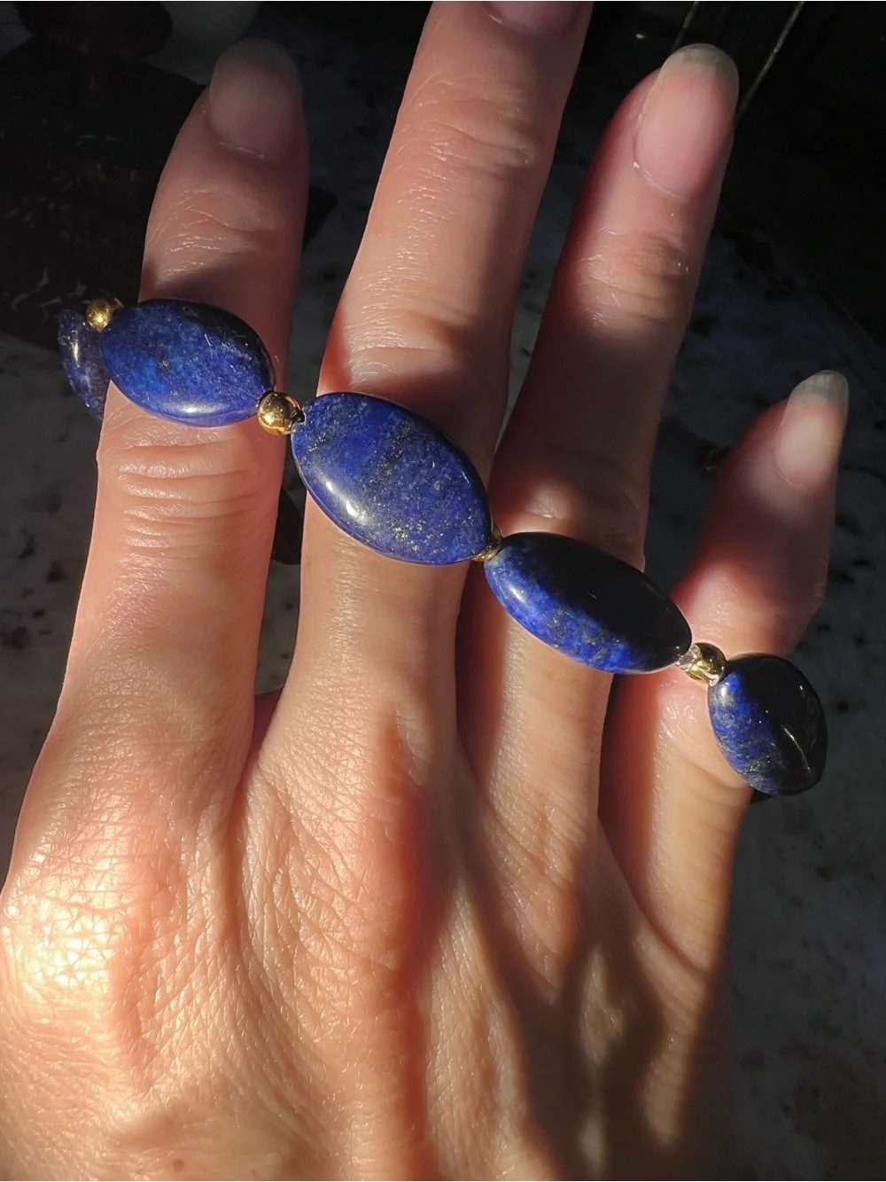 Lapis Lazuli Beaded Stretch Bracelet - Deep Blue with Gold Accent